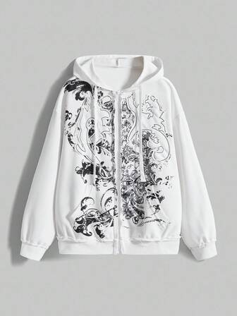 Grunge Punk Y2K Women Gothic Floral Print Fitted Zip-Up Hoodie, Casual Sporty Sweatshirt, Halloween