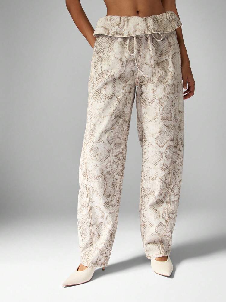 MISSGUIDED Cotton Snakeskin Print Fold Over Waist Wide Leg Drawstring Pants High Rise Slouchy Relaxed Fit Lightweight Spring Summer Casual