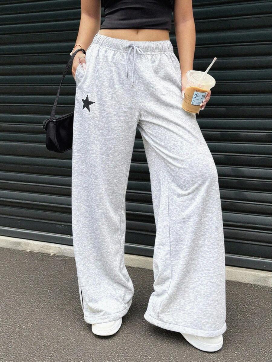 INAWLY Quần nỉ ống rộng in họa tiết ngôi sao năm cánh thoải mái cho nữ, có dây rút ở eo, túi - Xám - Xem 1