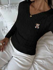 SHEIN EZwear Women's Cartoon Bear Pattern V-Neck Long Sleeve Sweater, Autumn/Winter Cute Long Sleeve Tops Knitted Tops For Women,Fall Cute Black Tops Black Long Sleeve Knitted Tops - Black - View 3