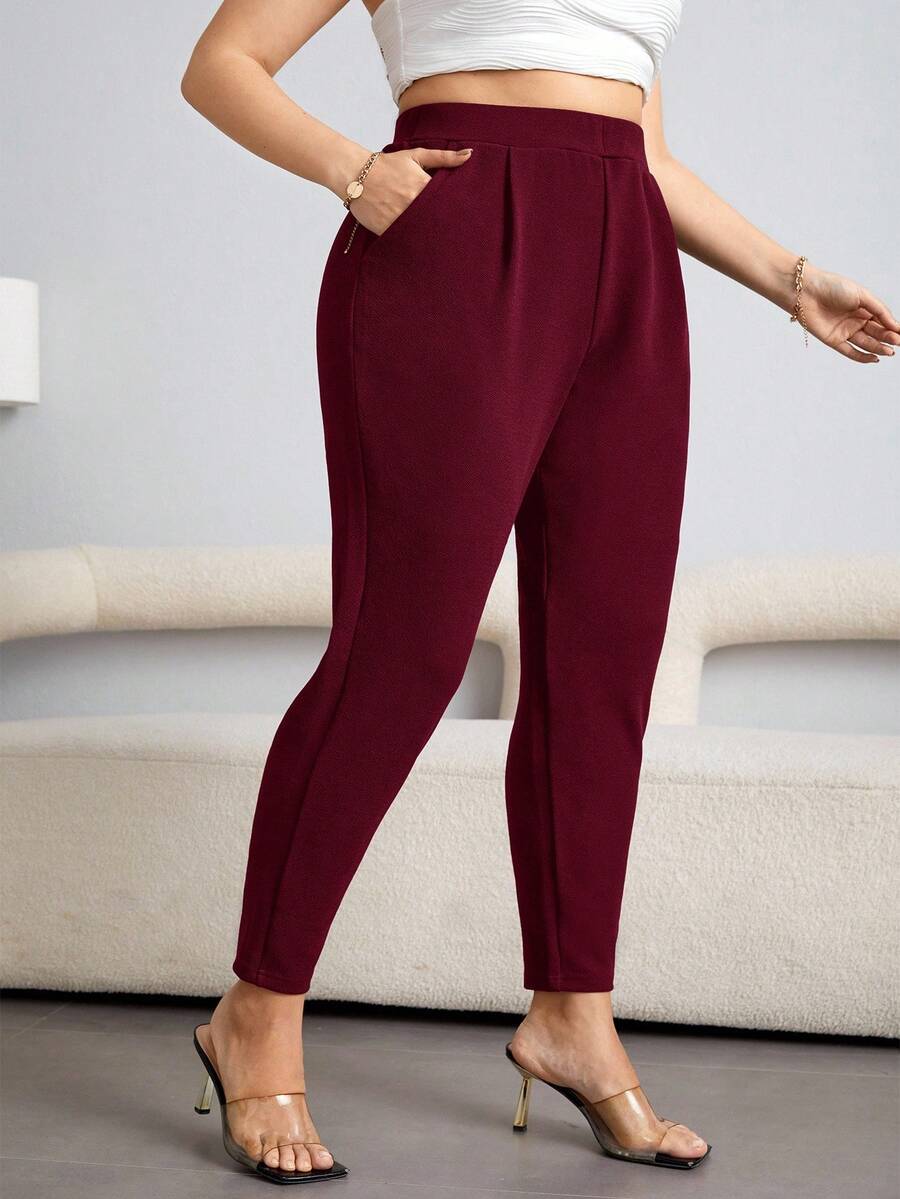 SHEIN Essnce Quần ống rộng cạp cao màu trơn thanh lịch cỡ lớn ôm vừa vặn - Đỏ - Xem 1