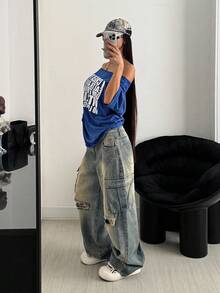 StreetHx Áo thun tay ngắn in chữ cổ điển cỡ lớn dành cho nữ, màu xanh lam - Màu xanh lam - Xem 3