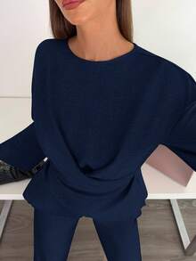 Siren Gaze Damen Einfarbige Bluse mit rundem Ausschnitt, Kreuzdetail und asymmetrischem Saum, Langarm - Blau - Übersicht 6
