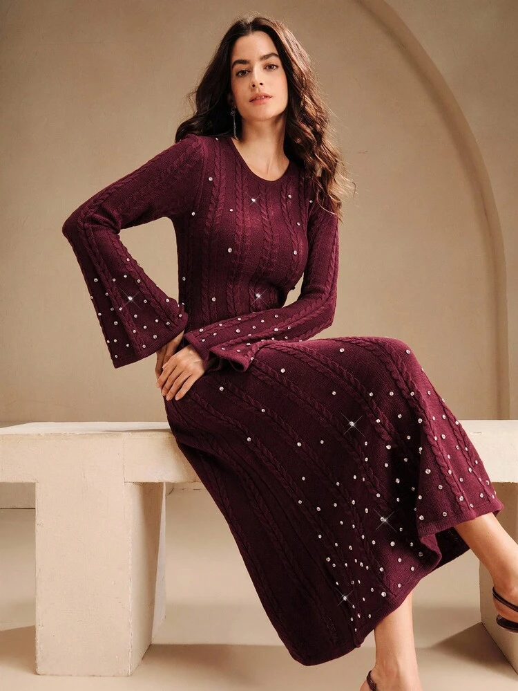 Elegant Beaded Knit Bodycon Dress With Flare Sleeves, Fashionable & Graceful Women's Christmas Clothing, Party Dress