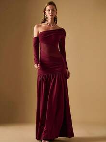 Briarwyn Abito lungo da donna con spalla asimmetrica, maniche lunghe, arricciature e spacco sexy, in colore unito