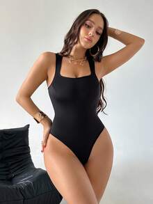 SHEIN Women's Casual Solid Color Basic Bodysuit - Black - View 3