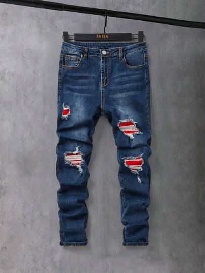 SHEIN Teen Boy Y2K Fashion Casual Black Denim Cut Out Ripped Frayed Red Patchwork Stretch Skinny Teen Boy Jeans For Boy Soft Dailywear And The Four Seasonsr Teen Boy Summer Clothes