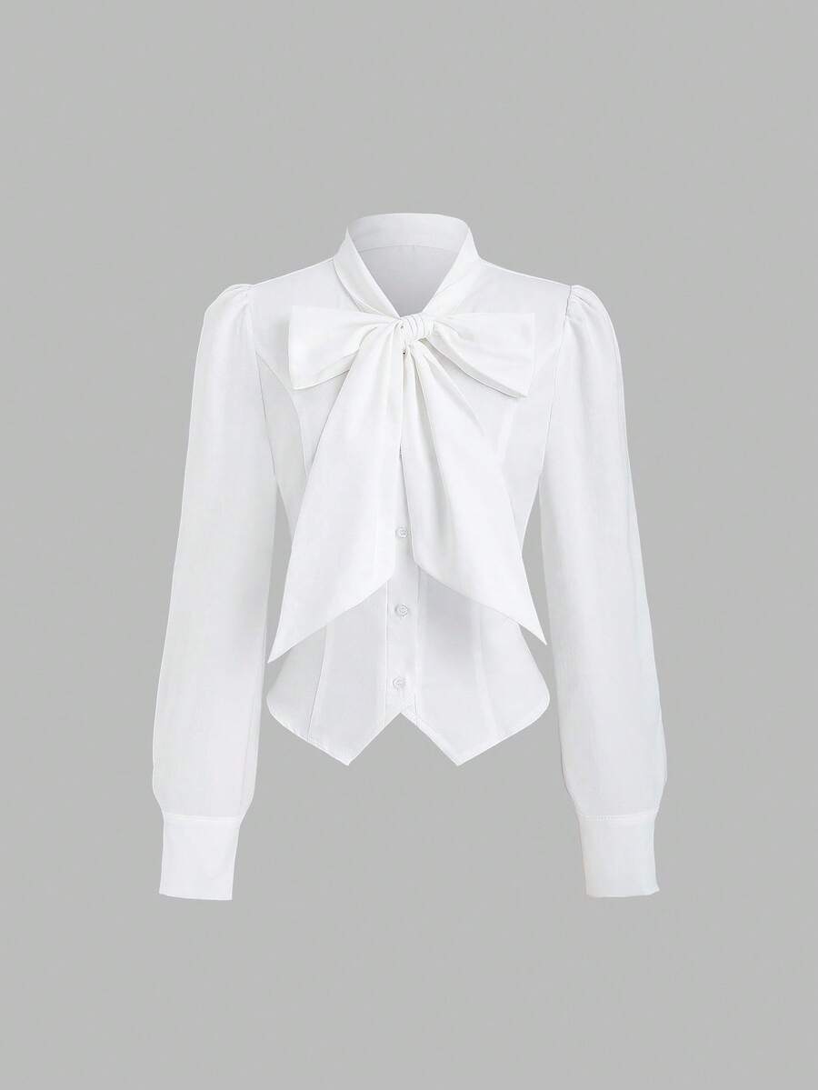 Sweetra Camicia a maniche lunghe da donna con design in vita arricciato e fiocco alla francese, adatta per l'autunno - Bianco - Visualizzare 1