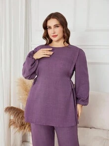 Al Najma Plus Size Women Arabic Style Set: Solid Color Round Neck Long Sleeve Tie-Waist Shirt And Elastic Waist Slim Pants, Suitable For Spring And Autumn