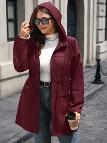 EMERY ROSE Plus Size Solid Color Casual Breathable Zip-Up Long Sleeve Coats In Fall/Winter Winter Clothes For Women  Fall Clothes For Women - Burgundy - View 5