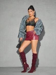 CUCCOO SZL Giày bốt cao đến đầu gối màu đỏ tía, đính đá Rhinestone, họa tiết nhăn dành cho nữ, gợi cảm khi dự tiệc - Màu Đỏ Sâu - Xem 9