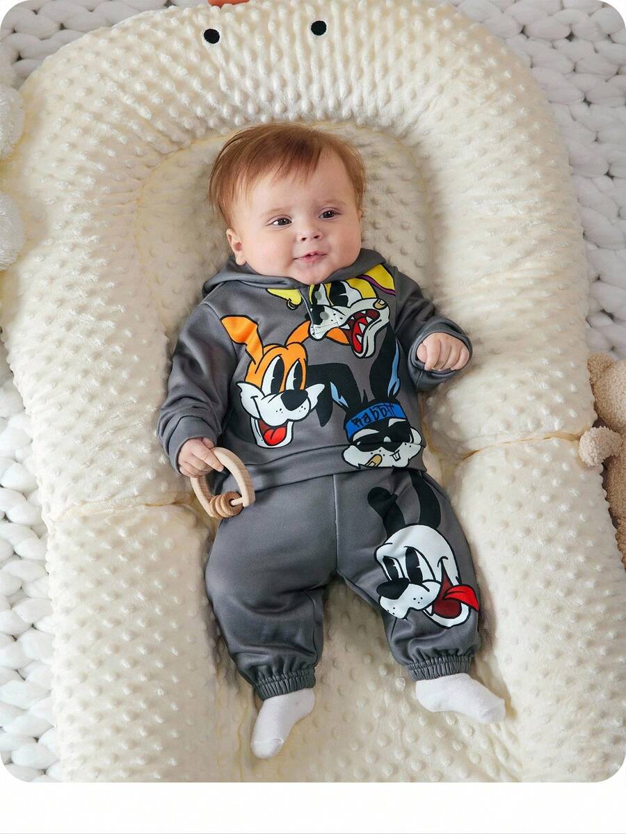 SHEIN 2 件套新生男婴/女婴可爱卡通印花长袖灰色运动衫和松紧腰长裤套装，适合儿童服装、返校、幼儿男孩服装、日常服装、运动装、秋冬 - 灰色 - 查看 1