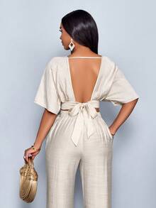 SOLERSUN Women's Boho Beach Linen Viscose Deep V Neck Backless Ruched Crop Tie Back Blouse,Suitable For Vacation