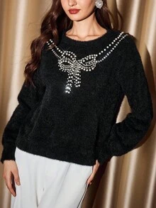 Vintamour Vintage Classic Elegant Party Women Sweater, Autumn/Winter Loose Faux Fur Rhinestone Pearl Knit Long Sleeve Black Sweater Winter Clothes For Women New Year Women's Clothes Sparkly Sweater Black Top - Black - View 3