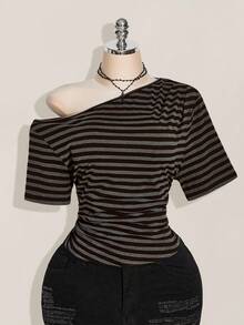 SHEIN ICON Áo thun dệt kim tay ngắn cổ vuông kẻ sọc đen xám cỡ lớn, áo crop vai kẻ sọc thường ngày, trở lại trường, Y2K, trang phục hàng ngày, thích hợp cho mùa hè - Nhiều màu - Xem 3