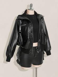 SHEIN ICON Plus Size Black Retro Y2K PU Leather Jacket, Autumn/Winter