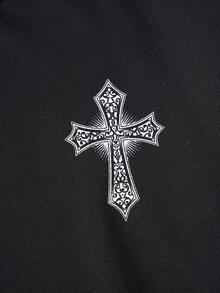 ROMWE MEN Goth Men's Wing & Cross Print Casual Pullover Sweatshirt, For Fall - Black - View 4