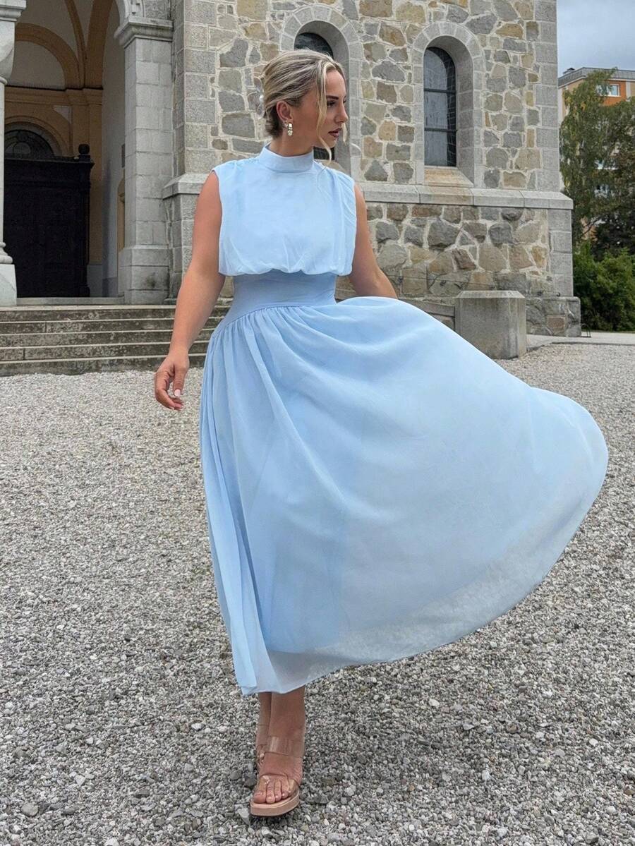 Jeta Ari 女士优雅高领高腰喇叭裙，女士夏装，春夏服装，沙滩装，通勤装，优雅装，性感装，度假装，海滩装，波西米亚装，夏威夷装，音乐节装，浪漫装，约会装，婚礼季装，毕业礼服，舞会装，演出服，音乐会装，工作服 - 藍色 - 查看 1