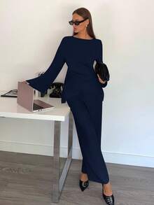 Siren Gaze Damen Einfarbige Bluse mit rundem Ausschnitt, Kreuzdetail und asymmetrischem Saum, Langarm - Blau - Übersicht 7