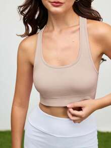 Cheerettes 纯色圆领露背无袖运动胸罩，夏季 - 米色 - 查看 6