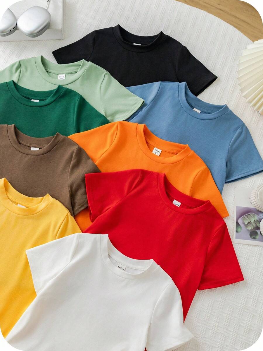 SHEIN Bộ 9 áo thun trẻ em trai: Thoải mái, thoáng khí, mặc hàng ngày, đa năng, giản dị, thời trang, cơ bản, đơn giản, dễ thương, nhiều màu sắc, cổ tròn, tay ngắn, áo thun dệt kim, thích hợp cho anh chị em, quần áo bố mẹ - con cái, phù hợp cho mặc hàng ngày, thể thao, trường học, tiệc tùng, lễ hội, biểu diễn, chụp ảnh, mùa tựu trường. - Nhiều màu - Xem 1