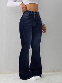 SHEIN Tall 女士牛仔裤 休闲紧身弹力喇叭裤 黑色天鹅绒牛仔裤 冬季牛仔裤 保暖牛仔泰迪 牛仔泰迪保暖毛绒泰迪打底裤 女士牛仔裤 黑色牛仔裤 羊毛 冬季女装 保暖 - 深色水洗藍 - 查看 4