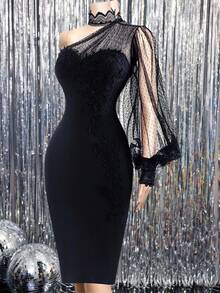 Ellevyn 大码网眼不对称肩部浪漫优雅连衣裙 - 黑色 - 查看 11