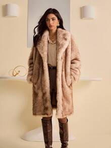 Lyxana 女士仿毛领长袖优雅夹克 - 卡其色 - 查看 8