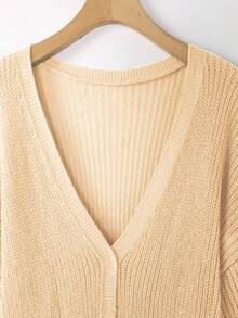 EMERY ROSE Plus Size Women Loose Casual Drop Shoulder Lantern Sleeve Knitted Cardigan, Black Jacquard Pattern, Mid-Length, Versatile Daily Wear - Apricot - View 4