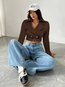 SHEIN EZwear 女式巧克力棕色翻领纽扣前长袖短款风衣，秋季 - 巧克力棕 - 查看 6