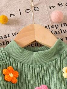 SHEIN Vintaside Kids 女婴蓝色针织3D花卉套头衫+直筒裤套装，秋冬