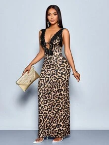 SOLERSUN Váy midi ôm không tay họa tiết da báo ren màu tương phản cổ chữ V sâu cho nữ, thanh lịch khi đi làm, hẹn hò thường ngày, ngày lễ tình nhân lãng mạn gợi cảm, tiệc tùng không tay thời trang xuân hè (hoa ngẫu nhiên) - màu nâu - Xem 7