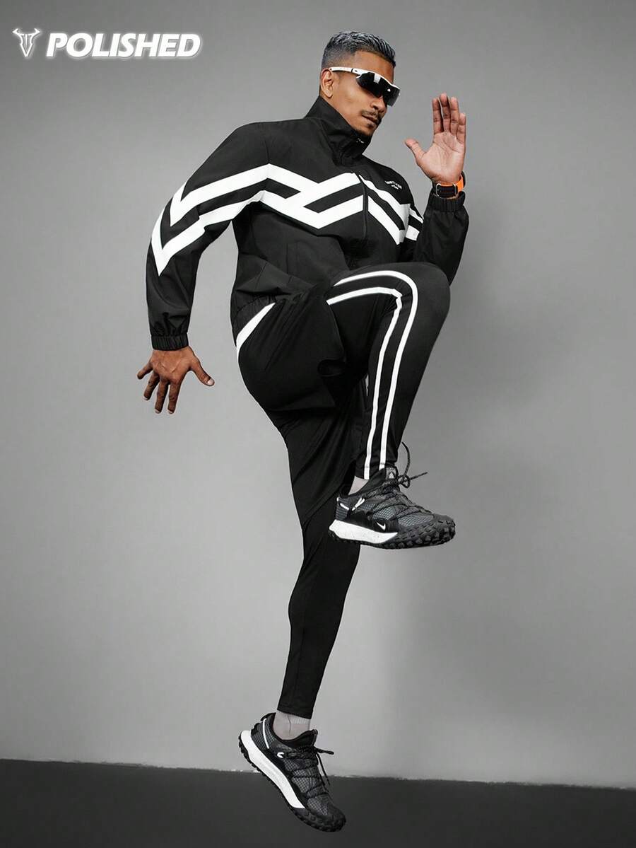 Manfinity Acti Log 男士撞色条纹抽绳腰带二合一运动裤 - 黑色 - 查看 1