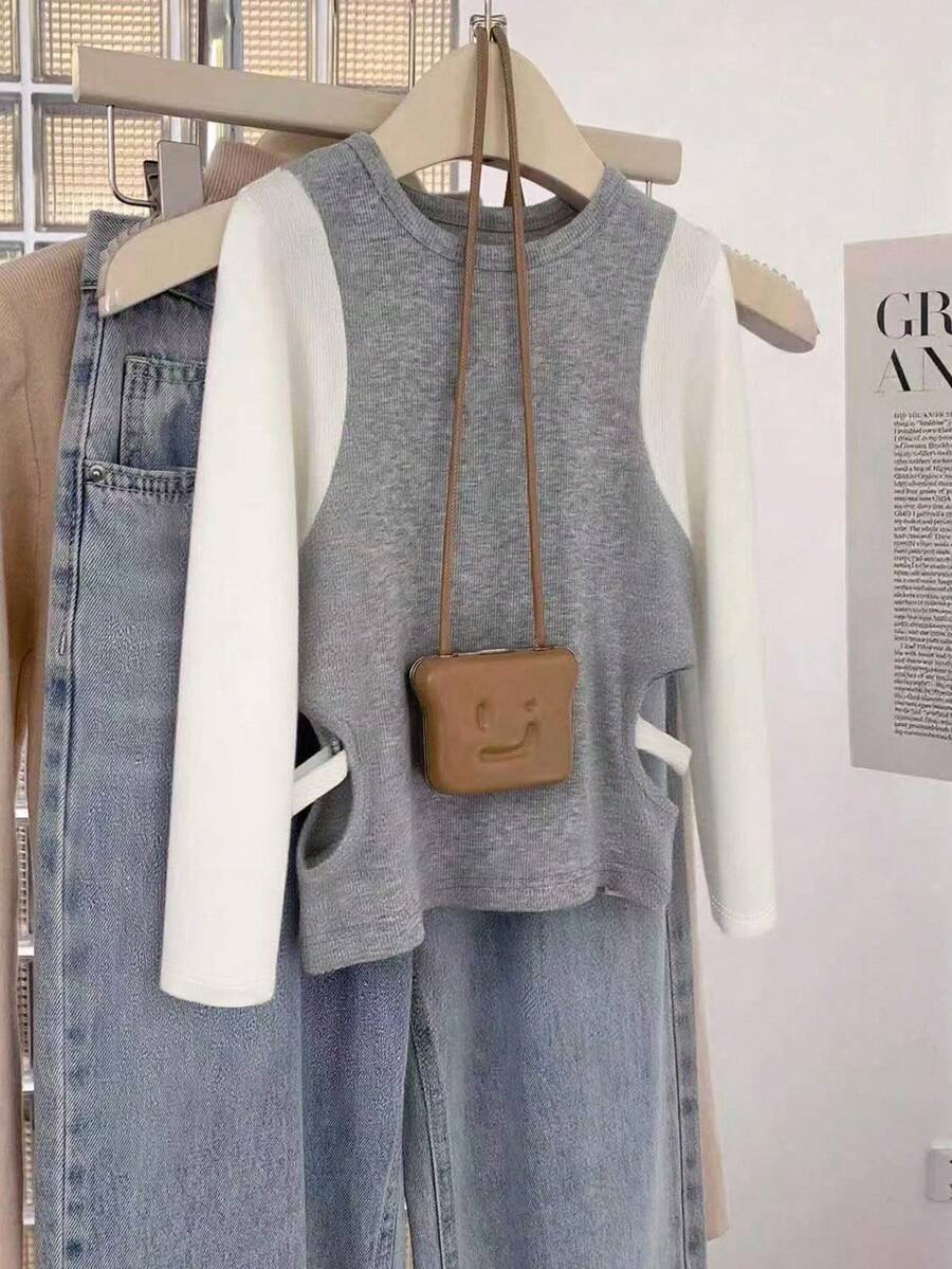 INAWLY Women's Contrast Color Round Neck Long Sleeve Hollow Out Design Casual T-Shirt - Light Grey - View 1