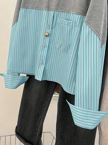 SHEIN Essnce Áo sơ mi nữ cổ tròn tay dài cài nút họa tiết kẻ sọc chắp vá - Màu xanh ngọc - Xem 4