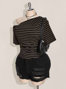 SHEIN ICON Áo thun dệt kim tay ngắn cổ vuông kẻ sọc đen xám cỡ lớn, áo crop vai kẻ sọc thường ngày, trở lại trường, Y2K, trang phục hàng ngày, thích hợp cho mùa hè - Nhiều màu - Xem 5