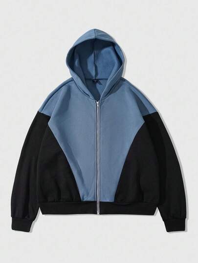 Street Life Sudadera con capucha de ajuste holgado con bloqueo de color y forro térmico grueso para hombre