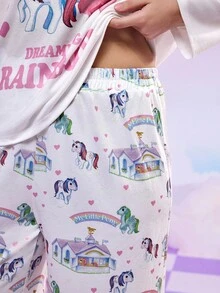 My Little Pony X SHEIN Plus Size Cute Horse Print Round Neck Long Sleeve Top And Pants Pajama Set, Autumn, Cozy Outfit, Fall Winter Clothes - Multicolor - View 7