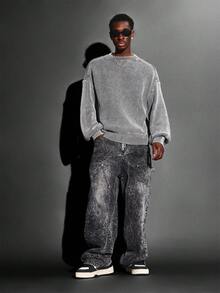 SUMWON Crop Fit Winter Knit Sweater Crew Neck Oversized Sleeve Drop Shoulder Ribbed Jumper Holiday Casual Autumn Loungewear Textured - Grey - View 4