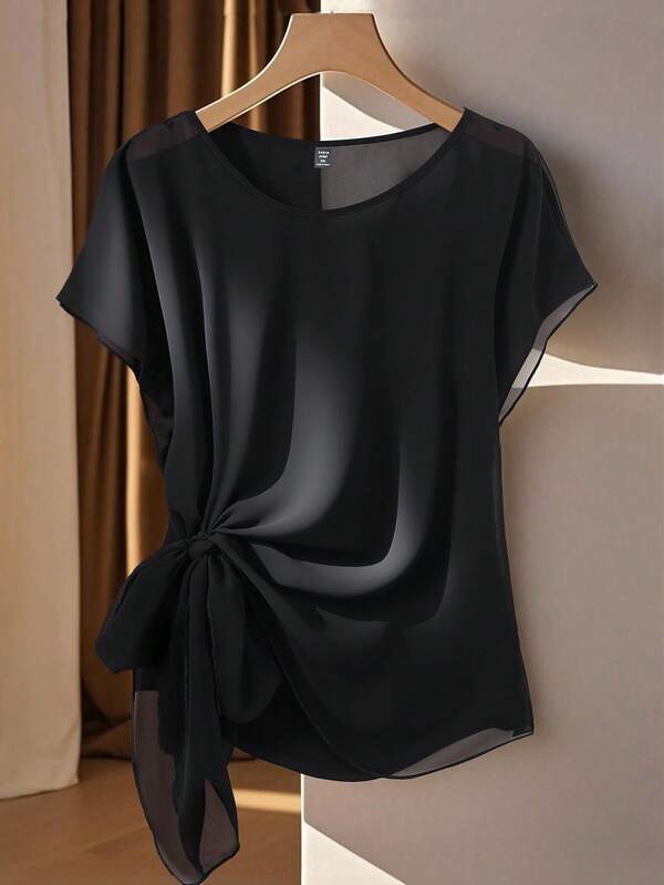 Franclia Plus Size Casual Flared Shoulder Sleeve Shirt, Spring/Summer Short Sleeve Chiffon Top Chiffon Blouses For Women Black Chiffon Blouse Women Elegant Black Top Women Sheer Black Top