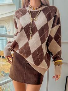 DAZY Suéter de punto casual con bloques de color y cuadros, otoño - Café integral - Ver 7