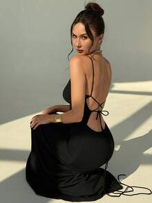 Aloruh Women's Sexy Backless Spaghetti Strap Dress, Summer - Black - View 6