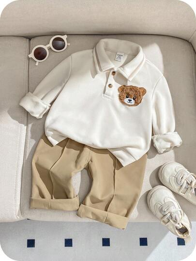 SHEIN 2pcs Baby Boy Comfortable Casual Everyday Polo Collar Sweatshirt And Woven Long Pants Set, Suitable For Indoor, Outdoor, Daily Wear, Sports, Play, Party, Photo Shoot, Holiday, Autumn/Winter Season Baby Boy Beige Outfit Baby Boy Casual Set Baby Boy Teddy Bear Outfit Back To School Clothes  First Day Of School Autumn/Winter Boys Sets Neutral Baby Clothes Baby Boy Polo Shirt And Pants Set Infant Boy Clothes With Bear Fall