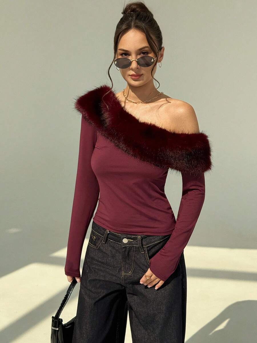 Aloruh Maglietta aderente asimmetrica in velluto bordeaux sexy per donne, adatta per festival musicali - Bordò - Visualizzare 1