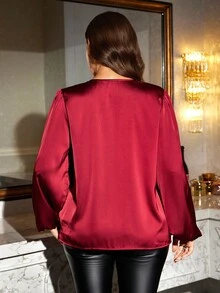 Reflora 大码女士优雅派对亮片拼接宽松衬衫，适合派对和聚会，秋季圣诞节女士衬衫，新款酒红色上衣，圣诞节酒红色衬衫 - 彩色 - 查看 3