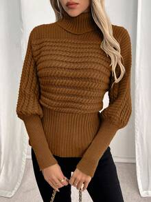 EMERY ROSE Áo len chui đầu cổ lọ dệt kim cáp dáng rộng sang trọng cỡ lớn ôm vừa vặn - màu nâu - Xem 5