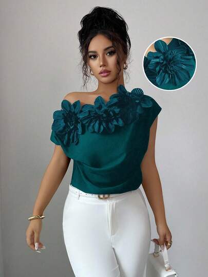 Elenzga Blusa de moda con hombros fruncidos y decoración floral 3D de unicolor para mujer