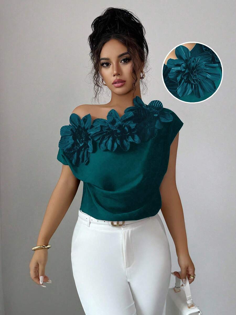 Elenzga 女式纯色 3D 花卉装饰褶饰肩部时尚衬衫 - 水鴨藍 - 查看 1