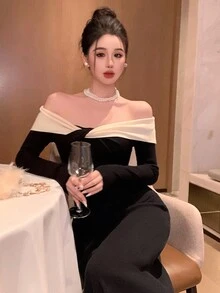 DAZY Váy len dài tay dáng dài chéo vai màu tương phản dành cho nữ, thanh lịch, thời trang thu/đông - Đen và trắng - Xem 6