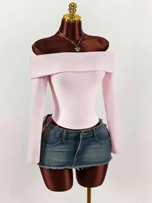 Amplova 女士粉色针织露肩修身T恤 - 粉色 - 查看 4